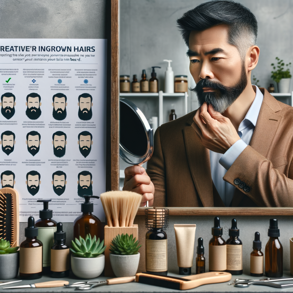 Professional man using natural remedies for ingrown hairs treatment, following a guide on how to remove ingrown hairs, with beard care tips and beard maintenance tools on display, representing solutions for ingrown facial hair prevention.