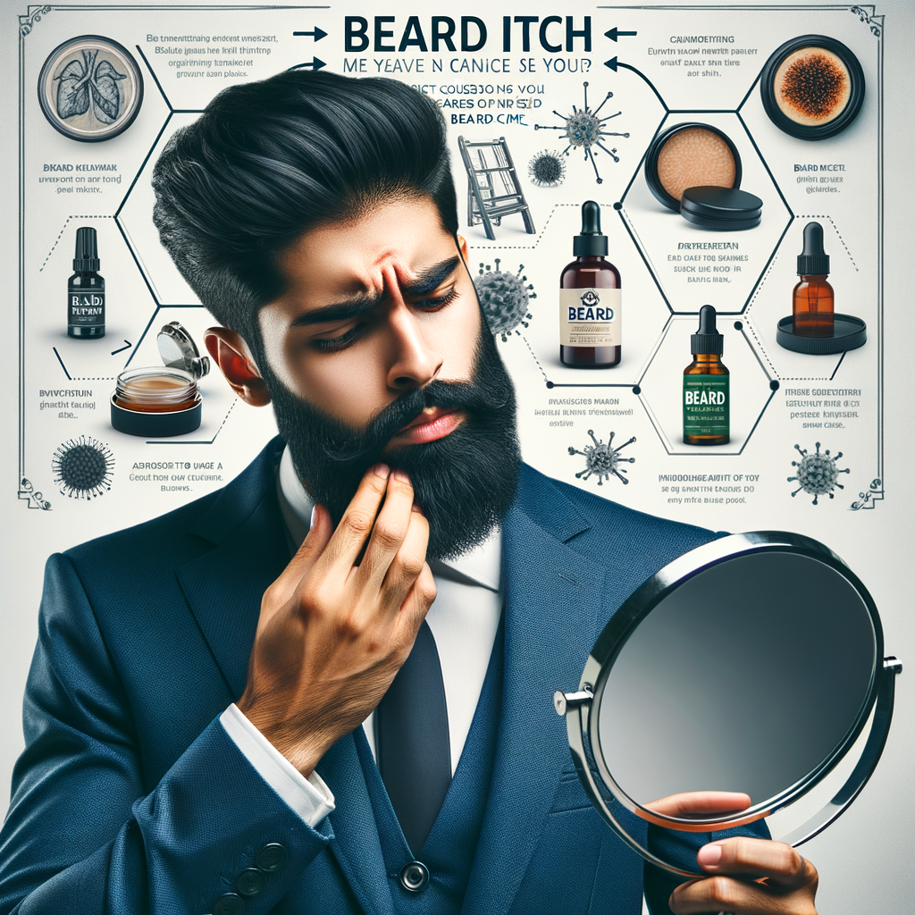Professional man dealing with beard itch, examining beard care products and infographics illustrating causes of beard itch and solutions for beard itch treatment