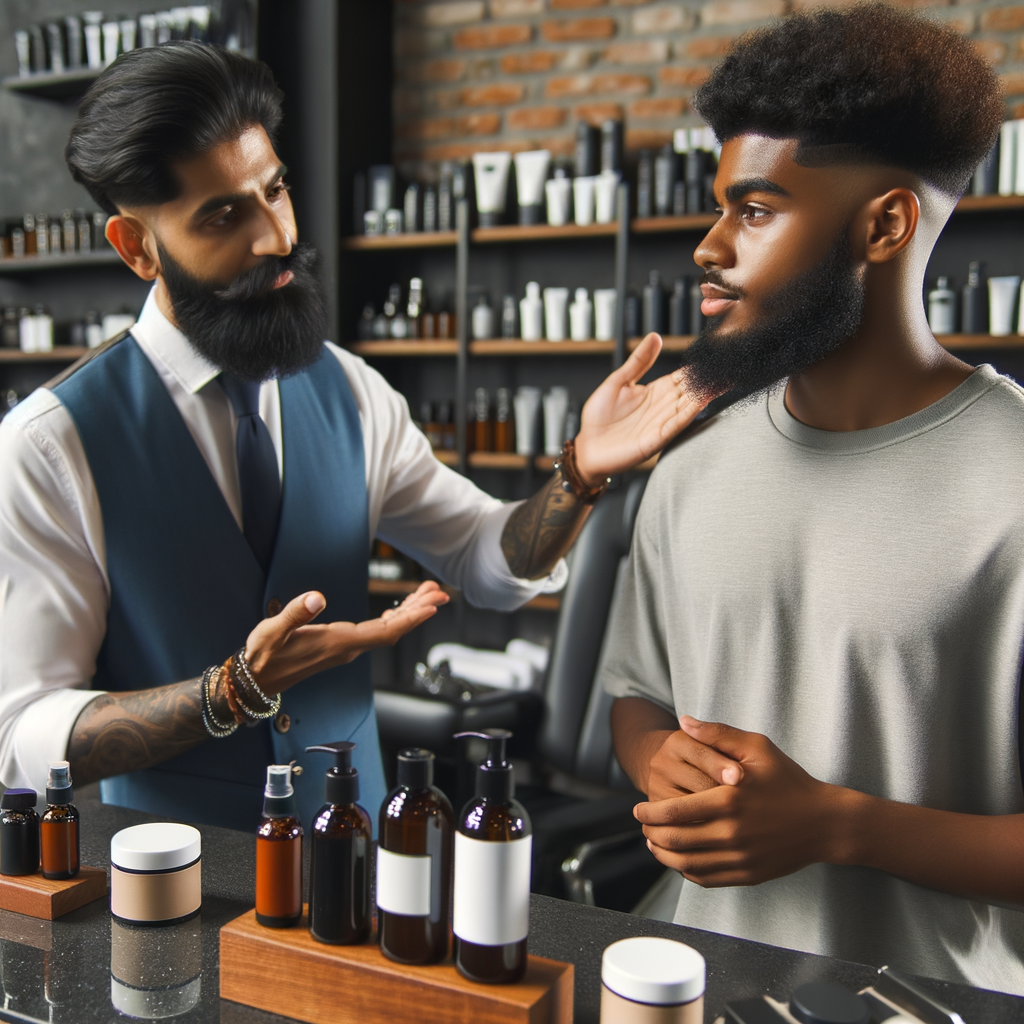 Professional barber demonstrating beard care tips and itchy beard remedies, using top-notch beard itch solutions for beard itch prevention and explaining how to stop beard itch through proper beard maintenance.