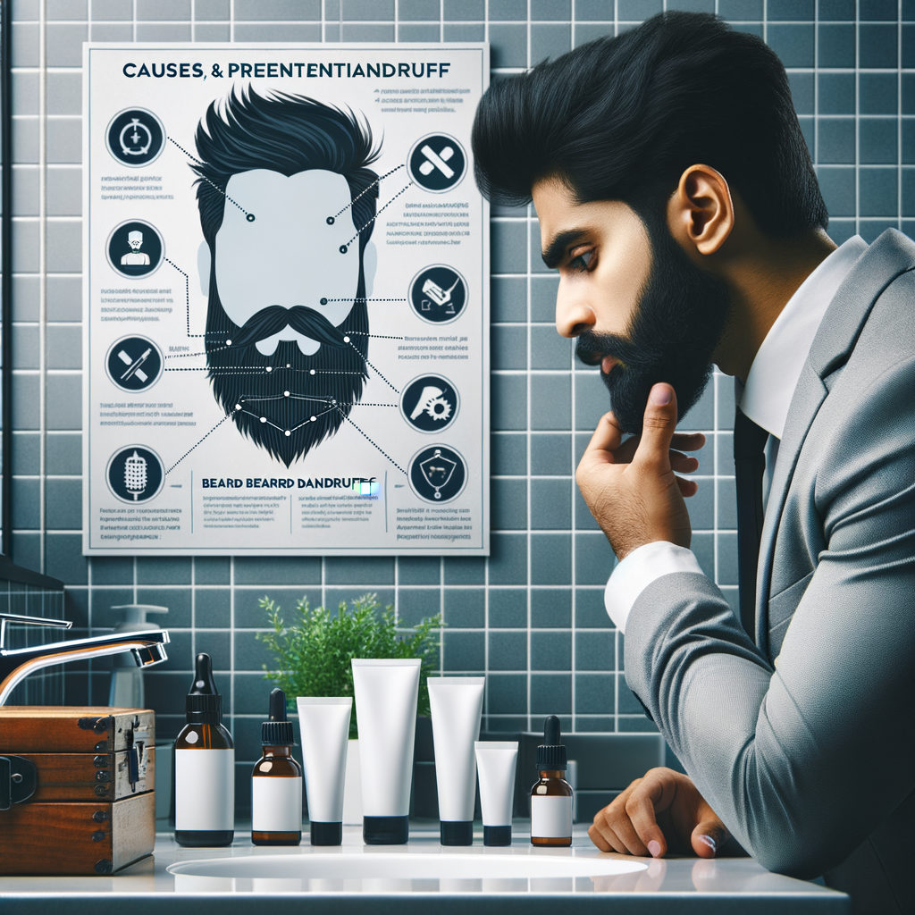Professional man examining beard in mirror, using beard dandruff products, with infographic on causes, prevention, and treatment of beard dandruff for understanding and tackling beard dandruff effectively.