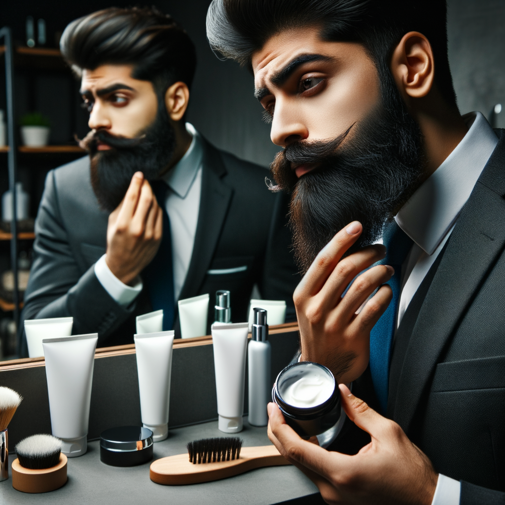 Bearded man applying regular face moisturizer on beard in mirror, showcasing beard care and maintenance with various beard grooming and skin care products for bearded men on countertop