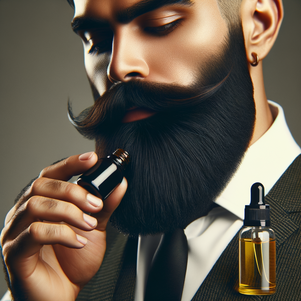 Professional man applying grapeseed oil for optimal beard care and growth, showcasing benefits of natural beard care products and beard maintenance with grapeseed oil