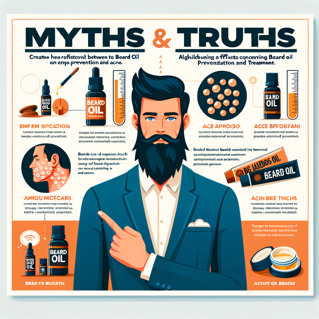 Infographic debunking myths and explaining the reality of beard oil acne prevention and treatment, highlighting the benefits of beard oil for acne.