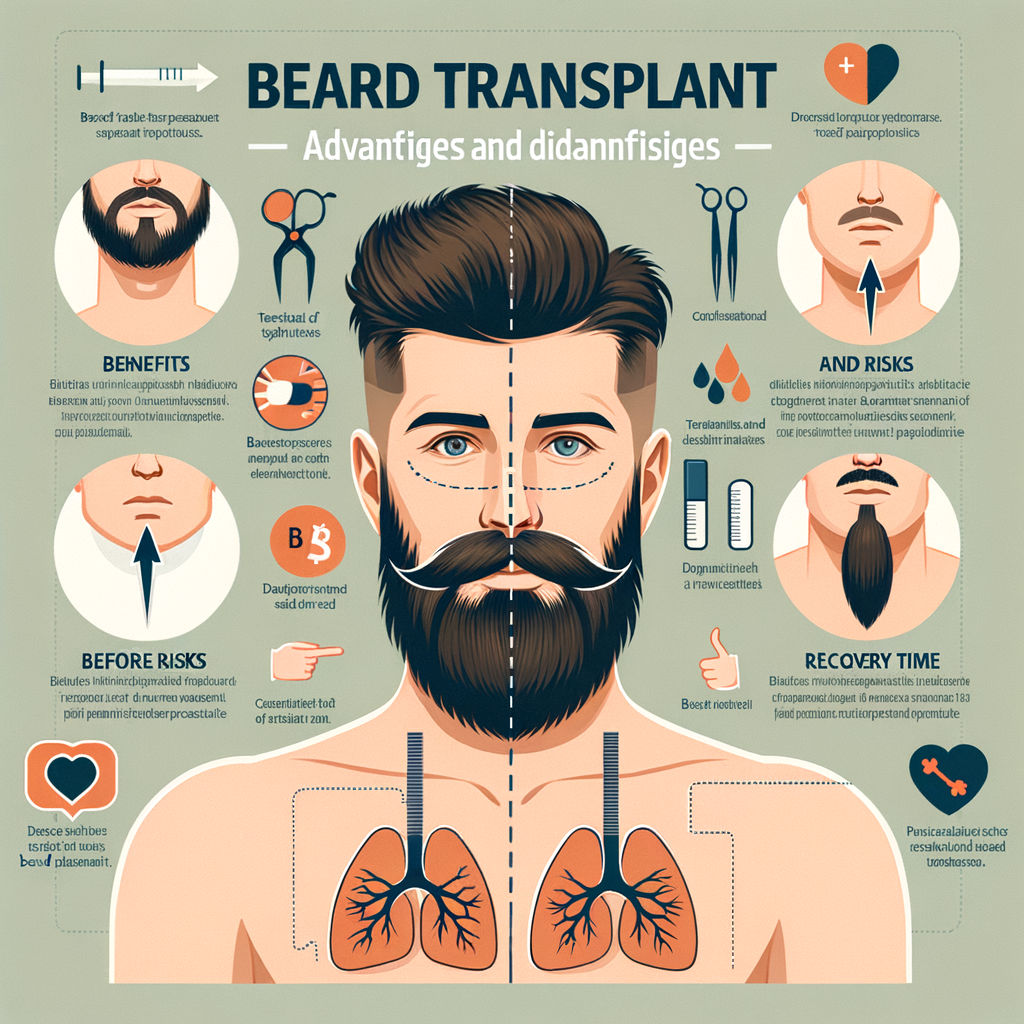 Infographic detailing Beard Transplant Benefits and Risks, Pros and Cons of Beard Transplant Procedures, showcasing Beard Transplant Results and Reviews, highlighting Beard Transplant Techniques, Surgery Costs, and Recovery Time.