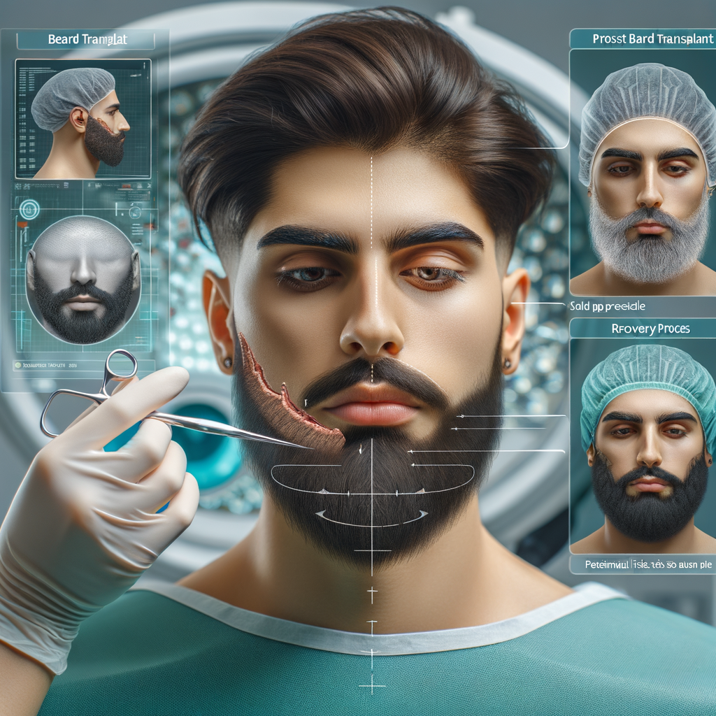 Beard transplant surgeon demonstrating facial hair transplant procedure on a 3D model, with information on long-term effects, recovery, risks, results, cost, and techniques of beard transplant surgery.