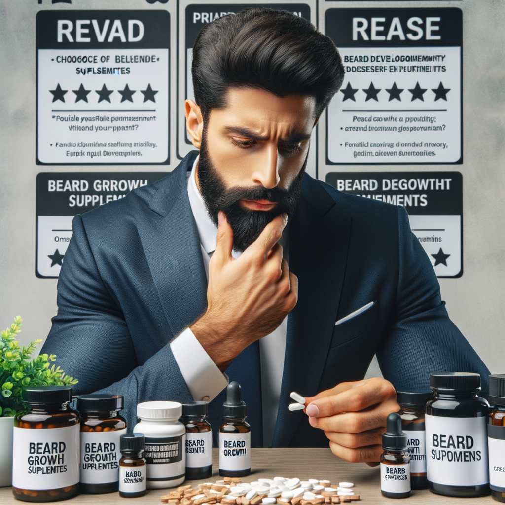 Professional man thoughtfully analyzing Beard Growth Supplements including Beard Growth Vitamins, Natural Beard Growth Supplements, and Beard Growth Pills, with positive Beard Growth Supplement Reviews and Benefits of Beard Growth Supplements in the background, symbolizing the process of Investing in Beard Supplements.