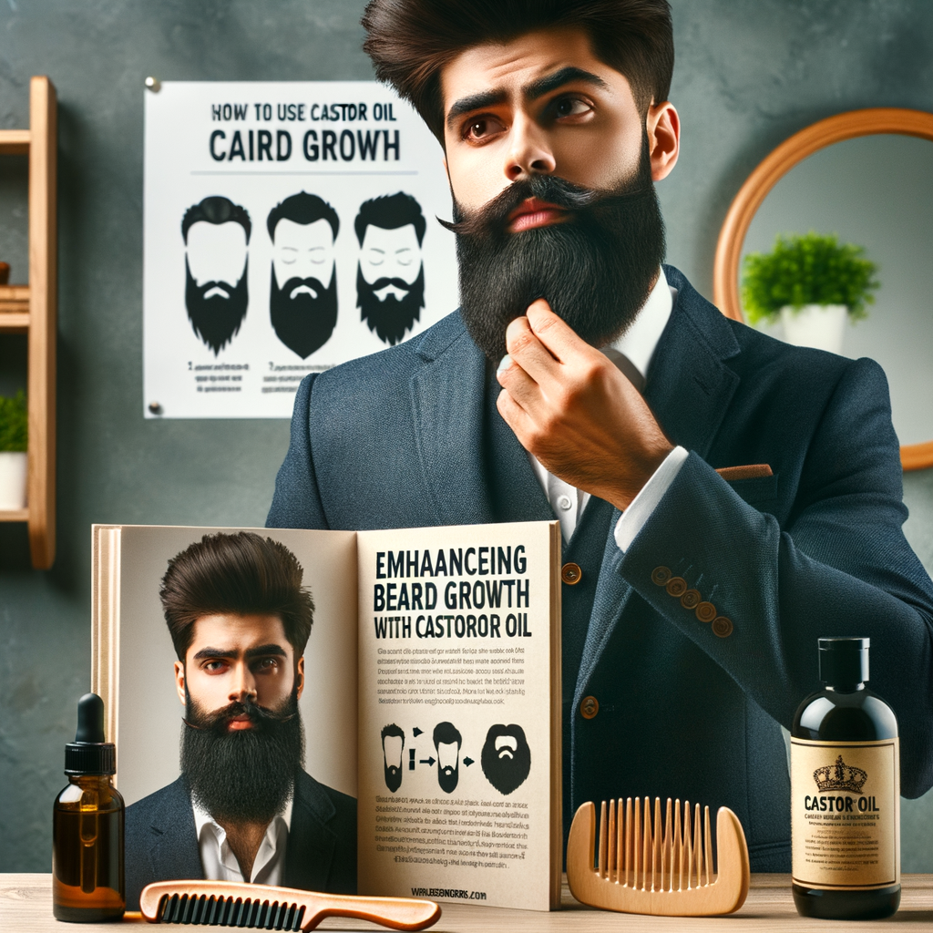 Professional man demonstrating beard growth with castor oil, showcasing castor oil beard benefits, natural beard growth methods, and beard care with castor oil for maximizing beard growth potential.