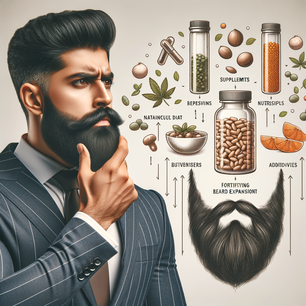Professional man examining beard growth nutrition and natural supplements for beard growth, showcasing maximizing beard growth tips and beard growth diet for an article on nutrients, vitamins, and supplements for beard growth.