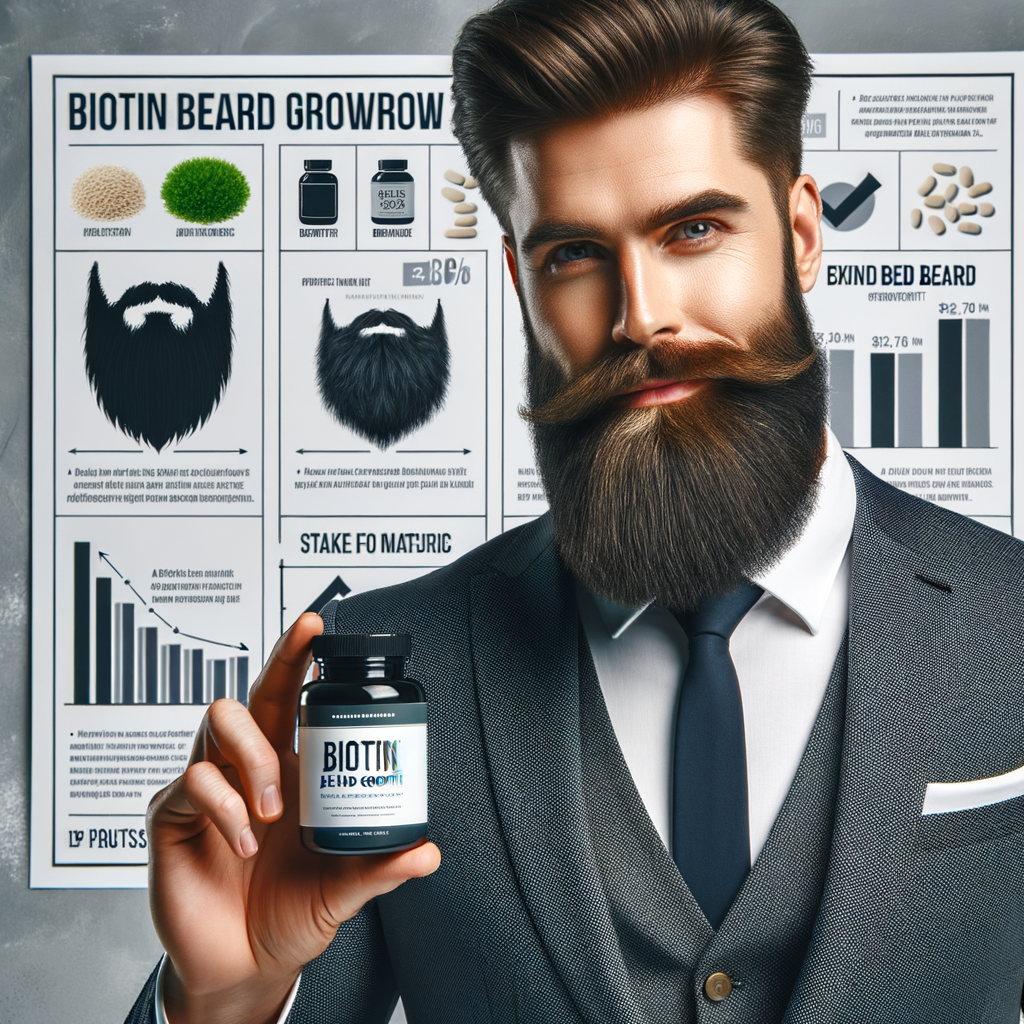 Confident man showcasing Biotin beard growth results, holding Biotin beard growth supplements, with a chart highlighting the benefits of Biotin for hair growth and natural beard growth tips in the background.