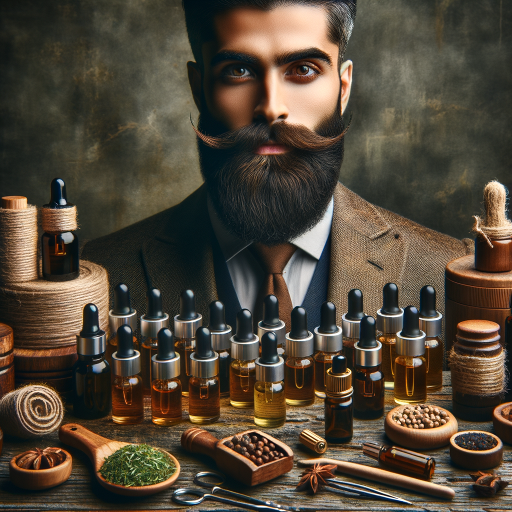 Assortment of essential oils for beard growth and natural beard growth remedies on a wooden surface, showcasing the benefits of essential oils for men's beard health and maintenance.