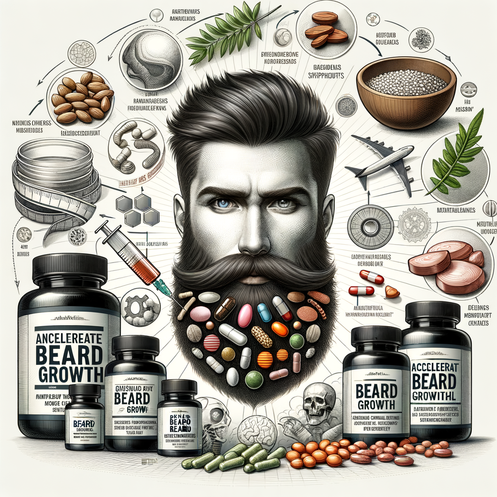 Assortment of essential beard growth vitamins and natural beard growth supplements promoting beard health and nutrition, with tips for beard care for optimal hair growth.