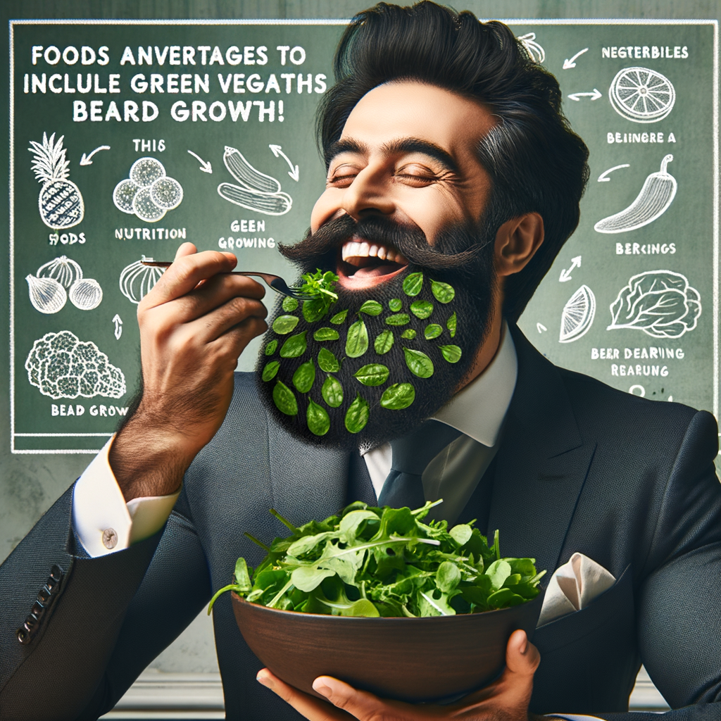Professional man enjoying leafy greens salad for optimal beard growth, showcasing the benefits of a healthy beard diet with green vegetables and other beard growth foods for nutrition.