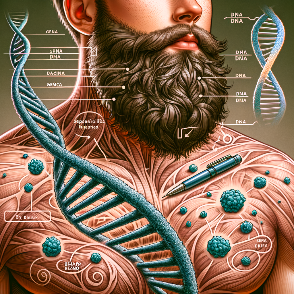 Scientific illustration of DNA strand intertwined with thick beard, symbolizing the role of genetics and beard growth, beard thickness genes, and DNA influence on beard density.