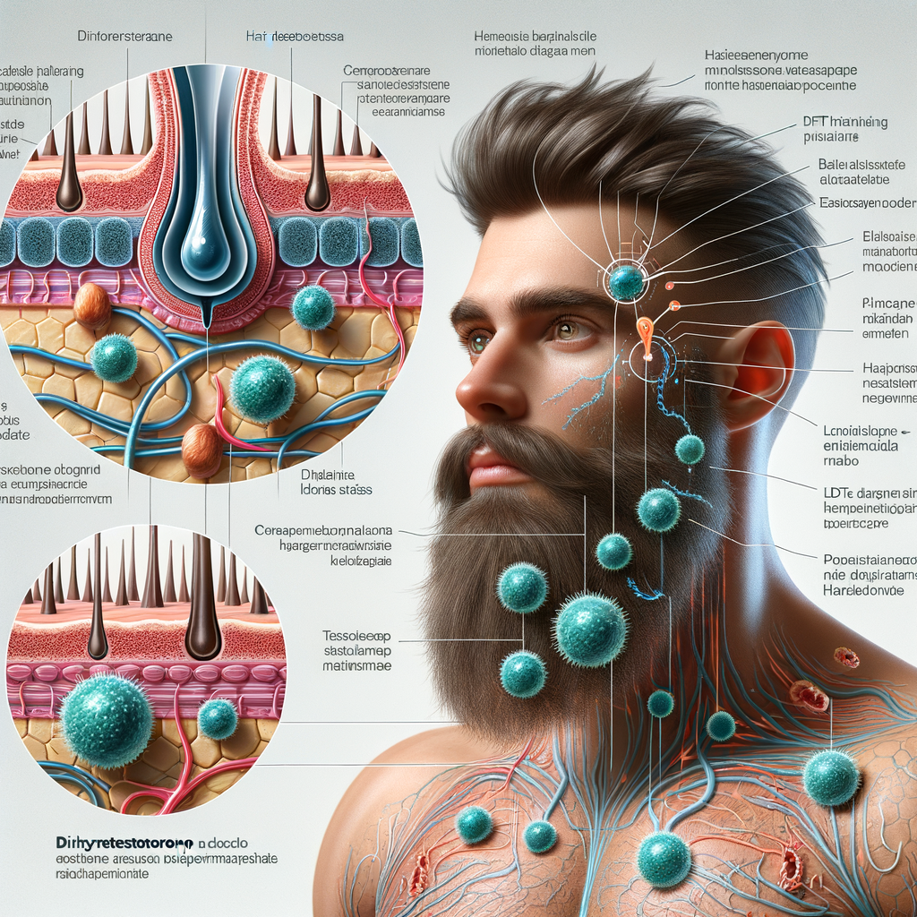Scientific diagram demonstrating the role of DHT in men's beard growth and hair loss, emphasizing the effects of DHT blockers and causes of beard loss.