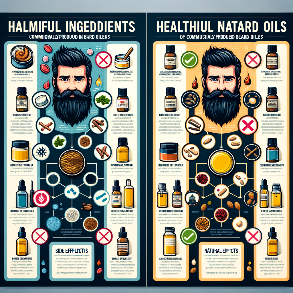 Infographic illustrating harmful ingredients in commercial beard oils, their side effects, and natural alternatives for understanding beard oil ingredients and the dangers of toxic elements in beard care products.