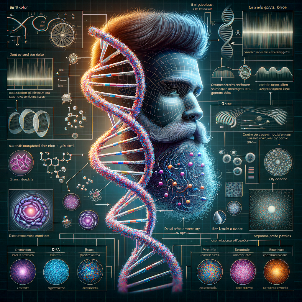 Scientific illustration of beard color genetics, showcasing DNA strands, beard color gene, and genetic factors influencing beard color variation for a deeper understanding of beard pigmentation genetics.