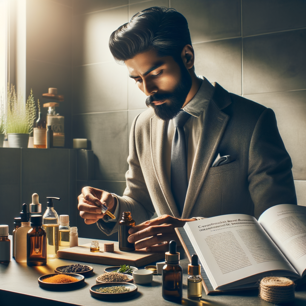 Man creating DIY beard oil recipes for personalized grooming, using natural beard oil ingredients, showcasing beard oil benefits and beard care products for custom beard oil.