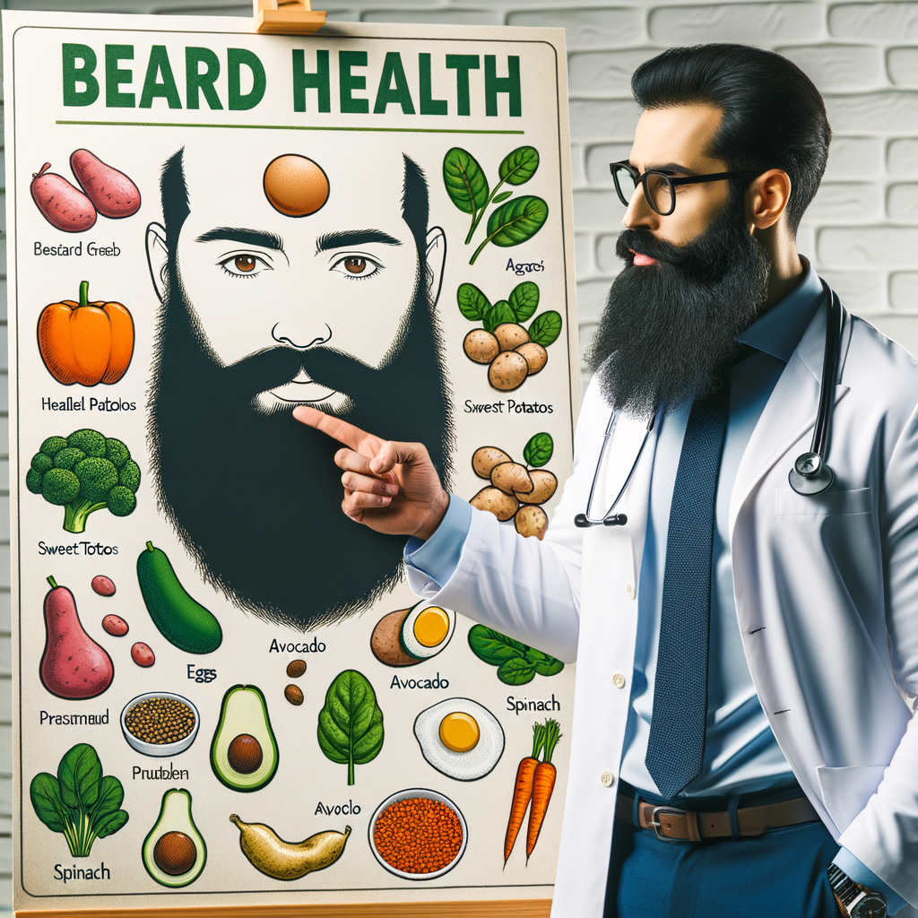 Nutritionist explaining beard growth diet through a chart, highlighting foods for beard growth and the impact of diet on beard health for a comprehensive nutritional guide for beard health.