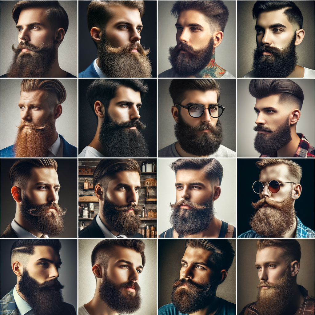 Celebrity beards collage showcasing inspirational beard styles and trends, offering beard grooming tips and styling inspiration for your next grooming move.