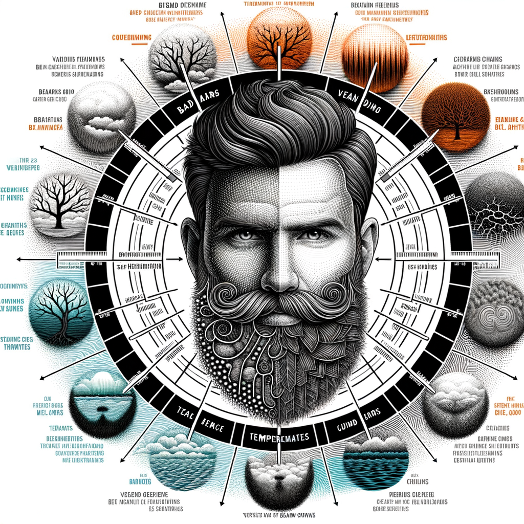 Infographic showing the impact of temperature fluctuations on beard growth, effects of climate on beard health, and the importance of beard care in different weather conditions.