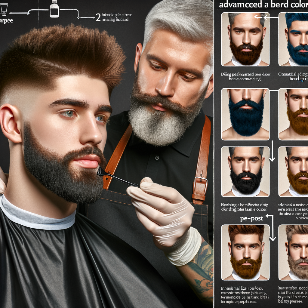 Barber demonstrating beard coloring techniques with before and after results, providing beard dye tips for natural-looking results, and a step-by-step beard coloring guide for achieving natural beard color.