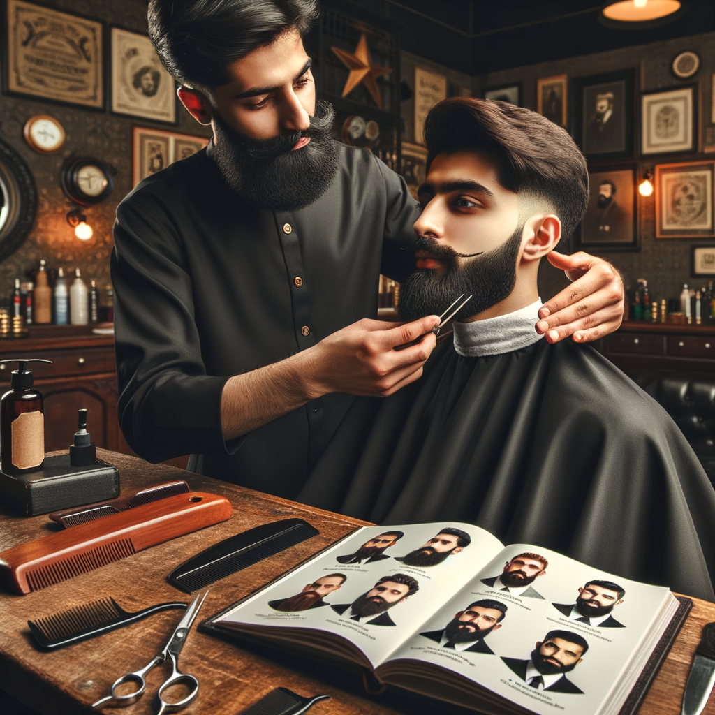 Pro barber demonstrating professional beard trimming techniques and essential beard grooming tips with a guidebook of professional beard styles in a barbershop setting