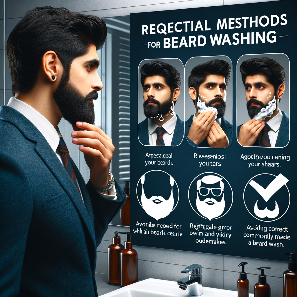 Professional man demonstrating proper beard washing techniques in mirror, providing beard washing tips and guide to avoid common beard care mistakes and hygiene errors