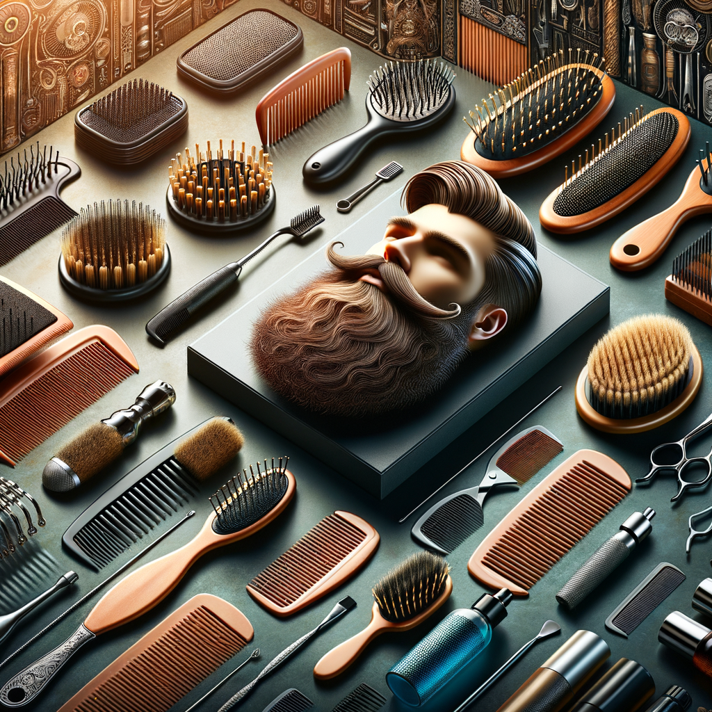Assortment of top-rated beard grooming tools featuring a variety of beard combs and the best beard brush for optimal beard styling and maintenance, part of a comprehensive beard grooming kit with beard care products.