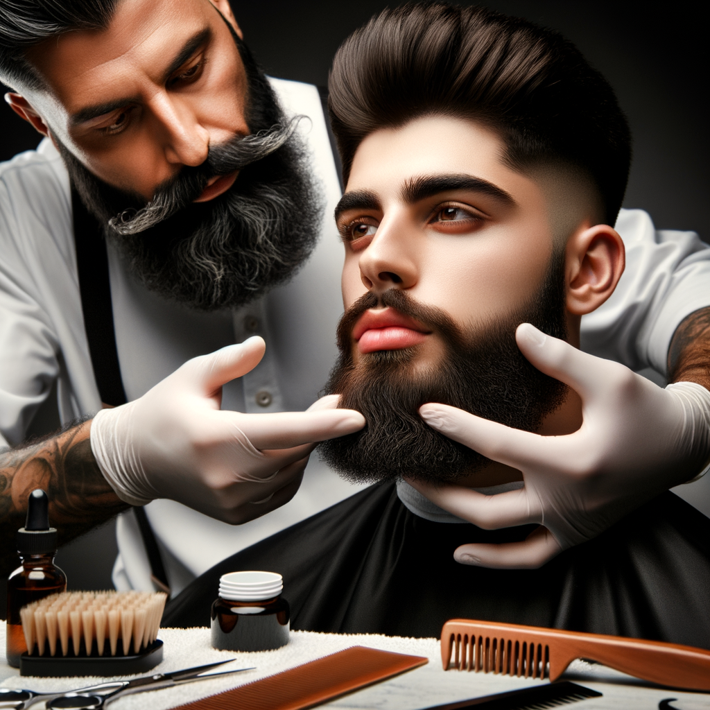 Professional barber demonstrating beard grooming tips for achieving a well-groomed soul patch beard style, using various beard styling techniques and tools as per the beard style guide.