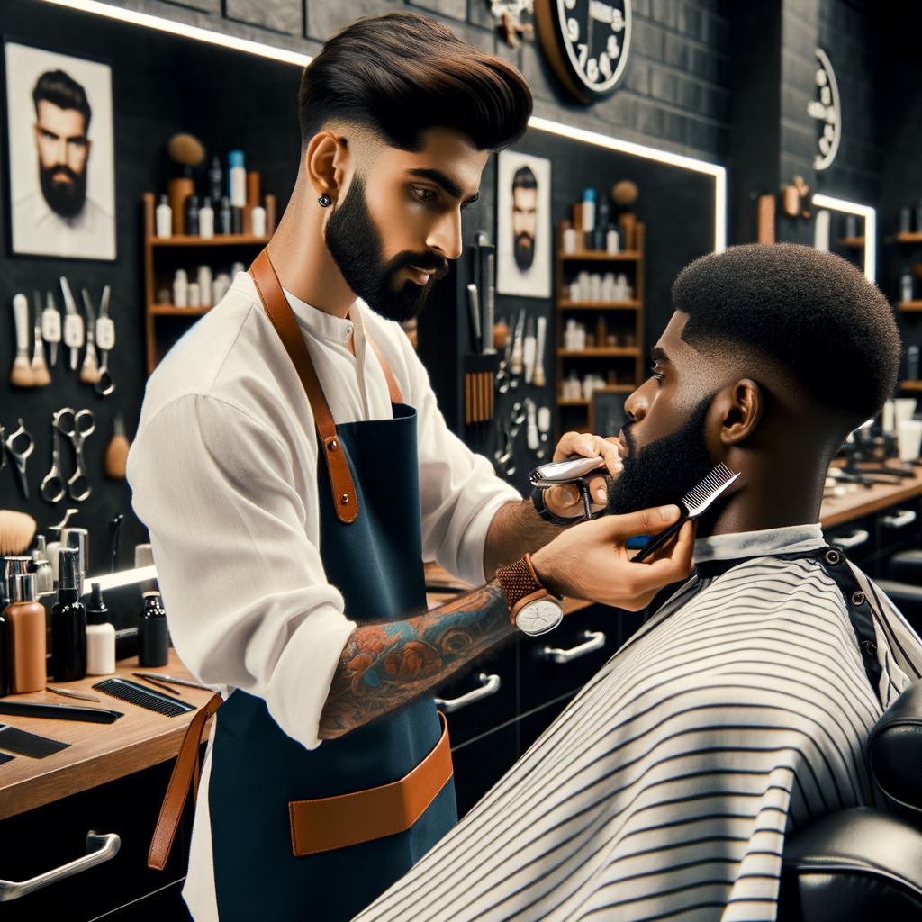 Professional barber demonstrating essential beard trimming techniques and beard care tips using professional tools in a barber shop, providing insights into beard grooming and styling for barbers.