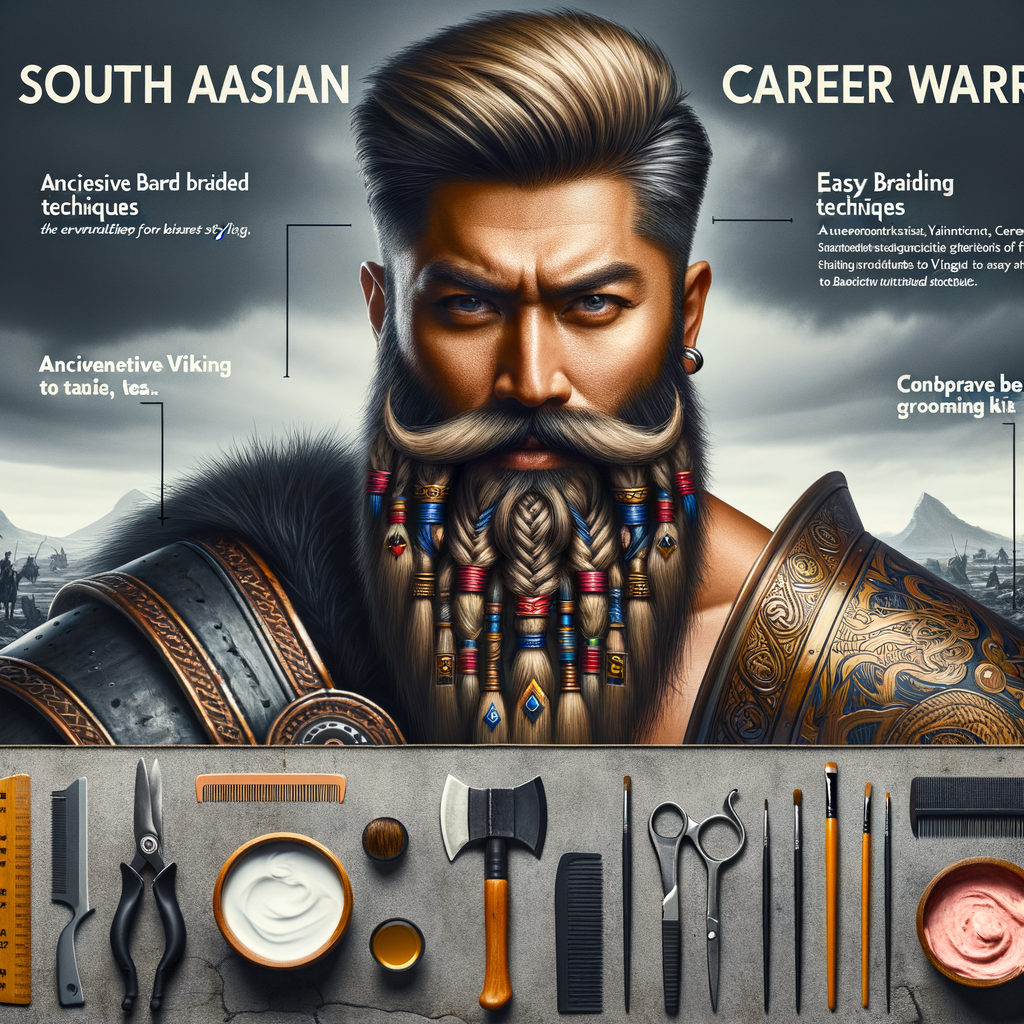 Modern warrior demonstrating Viking beard styles transition and easy braided beard styling techniques with a beard grooming kit, serving as a visual beard styling guide