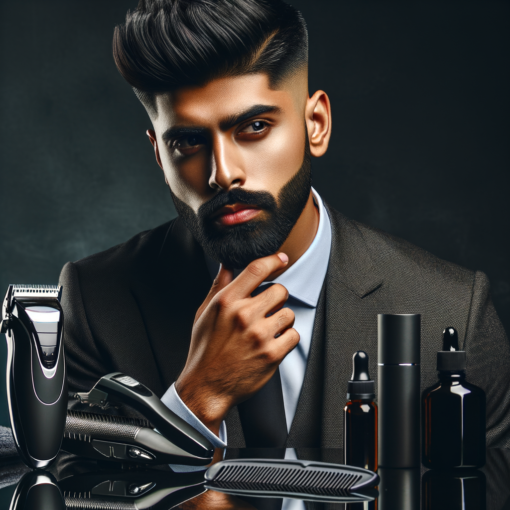 Professional male model demonstrating men's short beard styles and beard grooming tips, surrounded by beard care tools like trimmer and oil, highlighting the importance of maintaining short beards for men's beard fashion.
