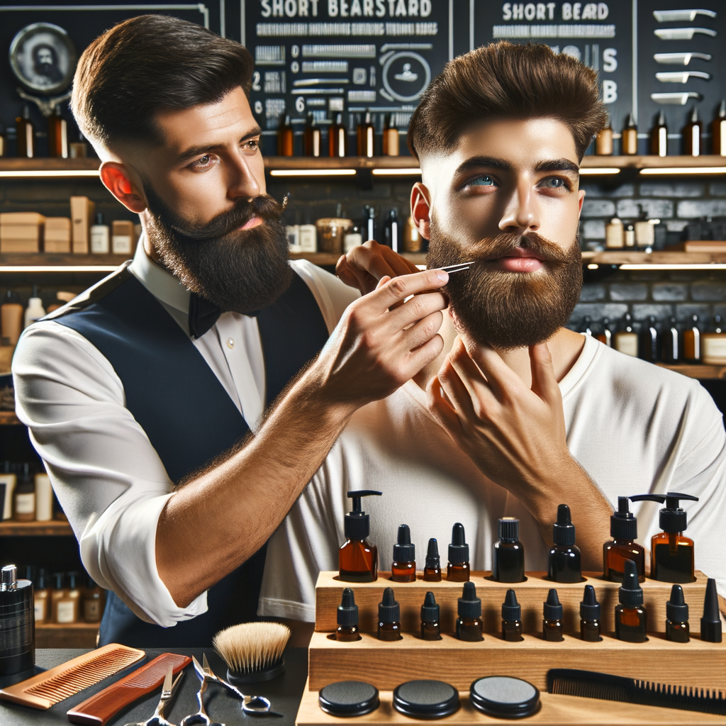 Professional barber demonstrating beard styling techniques on a man with a short beard style, surrounded by beard styling products and tools, with a guide on maintaining and grooming short beards, highlighting short beard trends and trimming techniques.