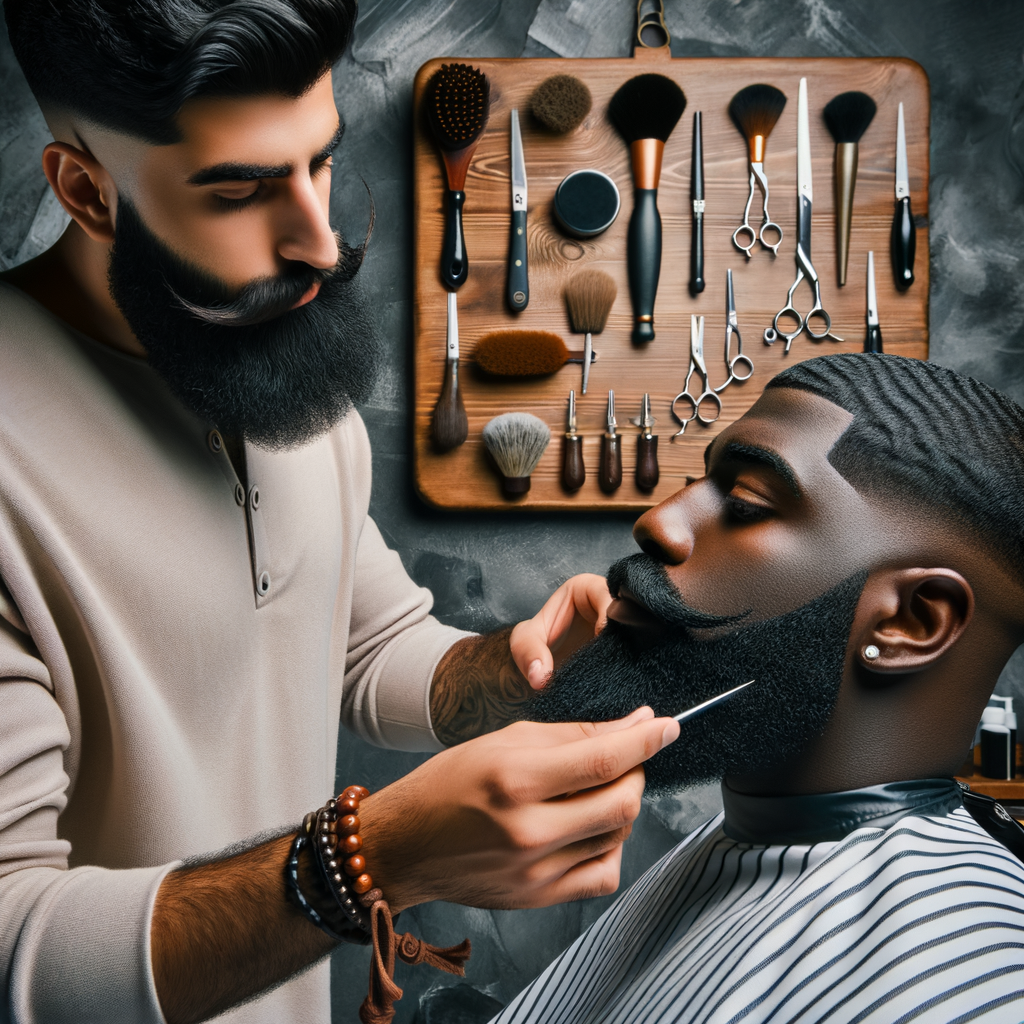 Professional barber demonstrating beard grooming tips and care techniques on a classic chin strap beard style, showcasing essential tools for crafting and maintaining a classic beard look as per the ultimate beard guide.