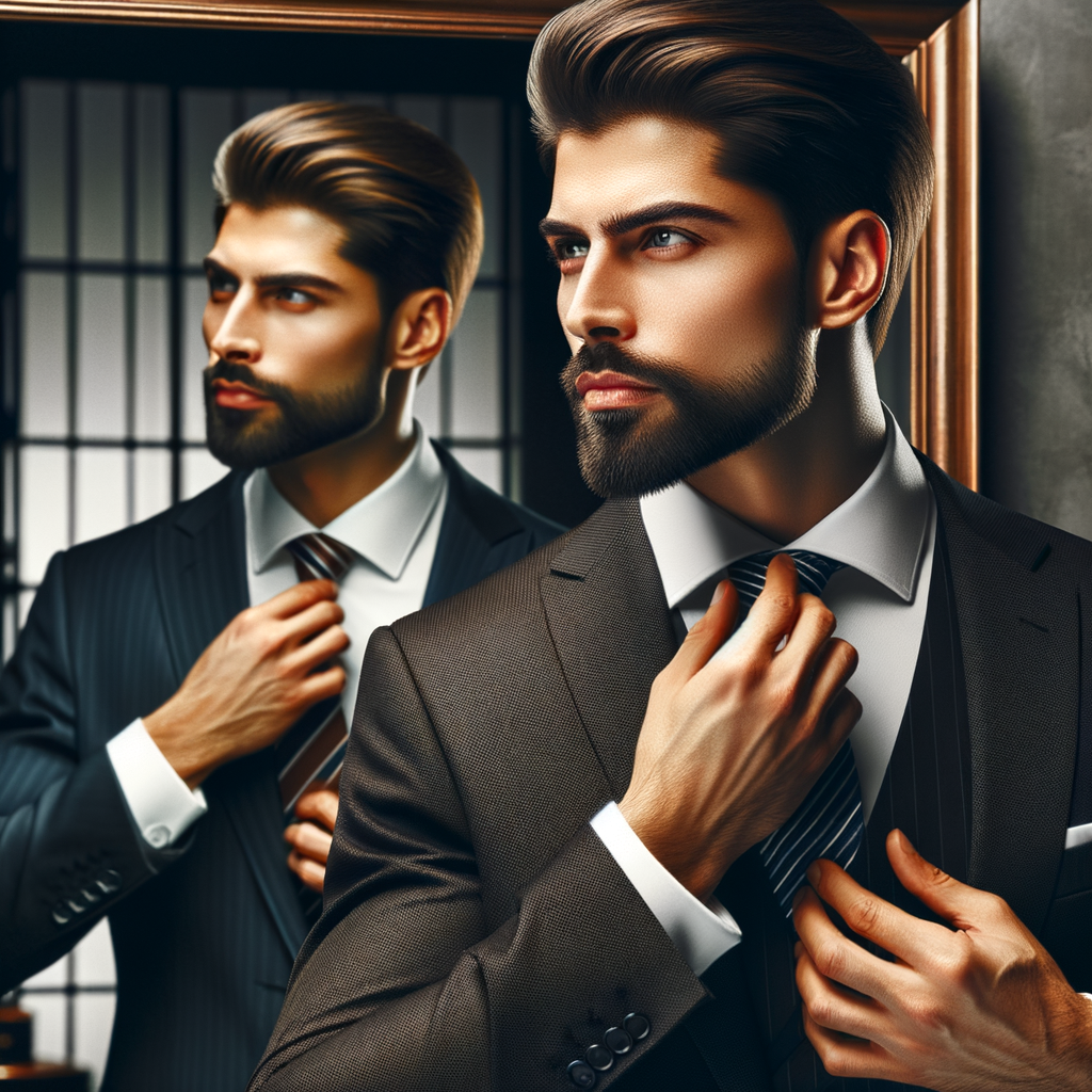 Corporate professional perfecting his stubble style in the mirror, showcasing professional beard styles and offering corporate grooming tips for a polished business beard look