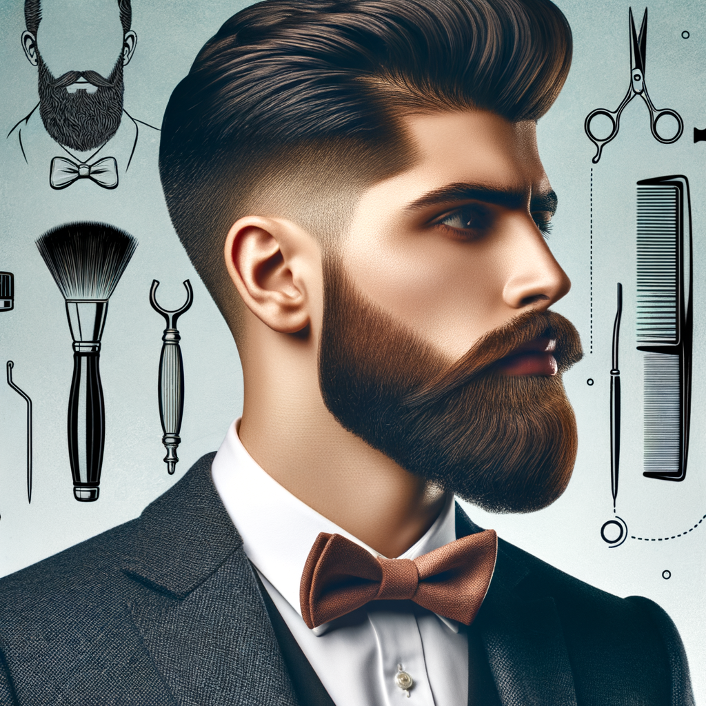 Confident man mastering the sophisticated Ducktail Beard Style, demonstrating beard grooming techniques and styling tips for men's grooming, highlighting Ducktail Beard maintenance tools for a sophisticated men's style.
