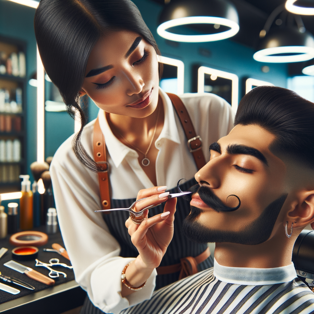 Professional barber meticulously sculpting a handlebar mustache, showcasing the art of mustache sculpting and providing a step-by-step mustache guide in a modern barbershop.