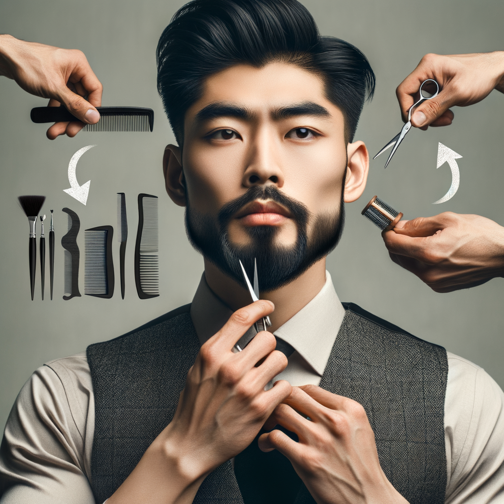 Confident man achieving sharp jawline beard for a masculine look using beard styling tools, demonstrating jawline beard shaping techniques and beard care tips.