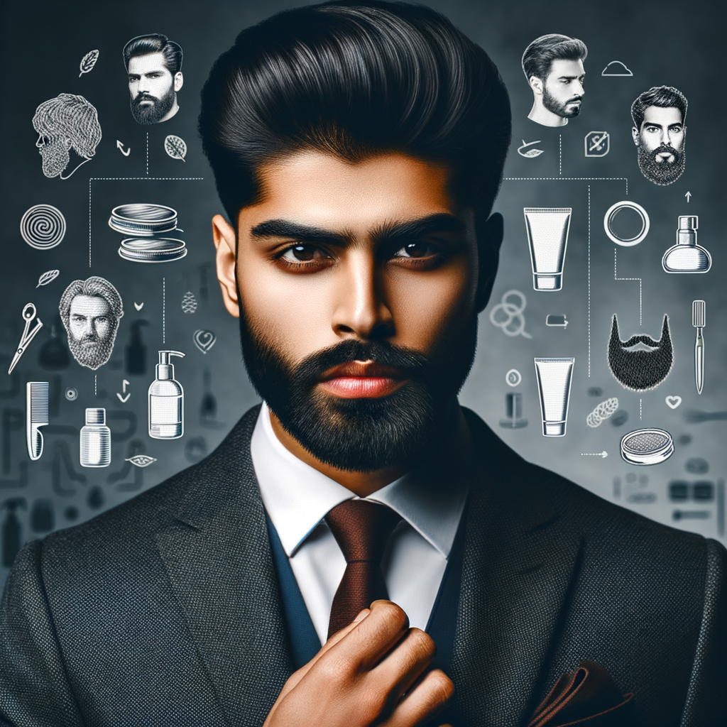 Stylish man demonstrating perfect stubble beard style, using beard grooming tricks and beard styling tips, with a beard style guide and beard care products for maintaining stubble beard in the background.