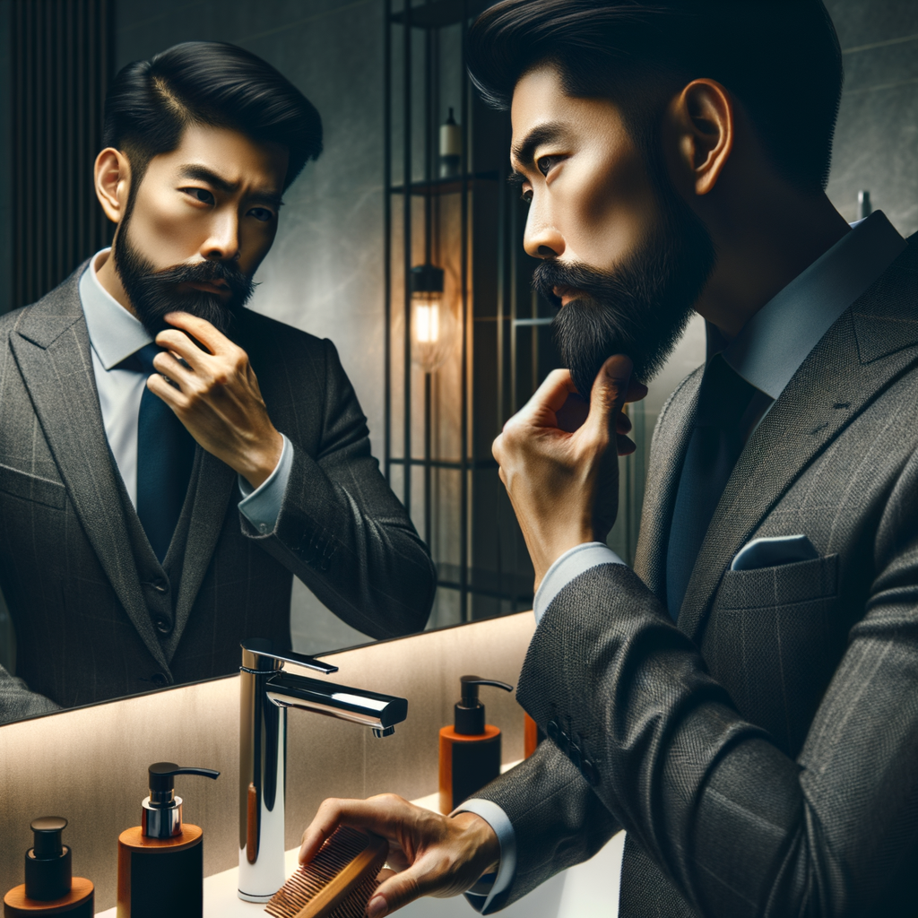 Professional businessman perfecting corporate beard grooming using high-end beard care products, highlighting professional beard styles and maintenance tips for a sleek look