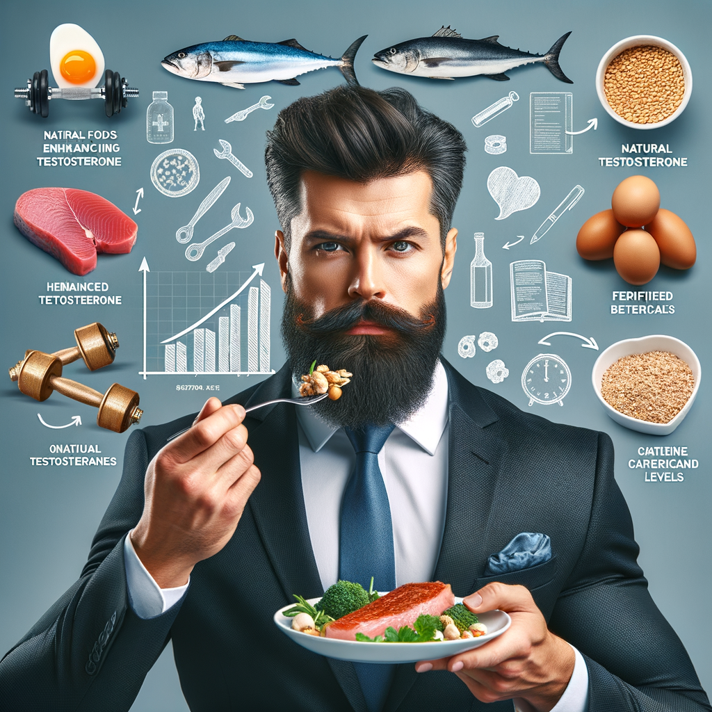 Confident man with thick beard consuming testosterone-boosting natural foods, surrounded by symbols of healthy lifestyle for enhancing beard growth naturally and increasing testosterone for beard growth