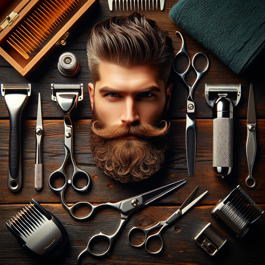 Assortment of top-rated beard grooming essentials including razors, trimmers, and scissors for beard grooming on a wooden surface, illustrating the difference between razor and trimmer for beard maintenance and showcasing a complete beard grooming kit.