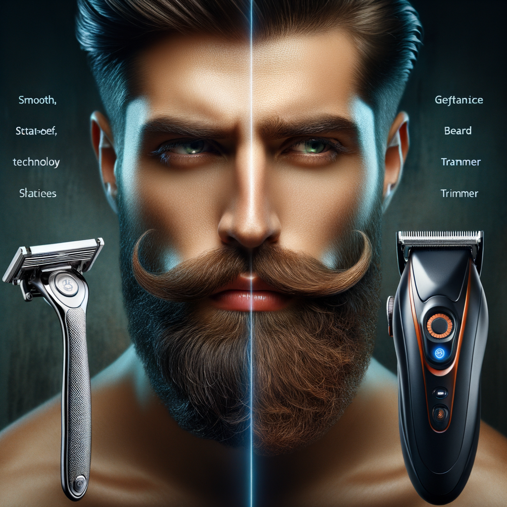 Comparison of superior beard shaving tools, razor vs trimmer, showcasing the best tool for shaving beard, with a well-groomed beard backdrop symbolizing the debate between shaving beard with razor or trimmer.