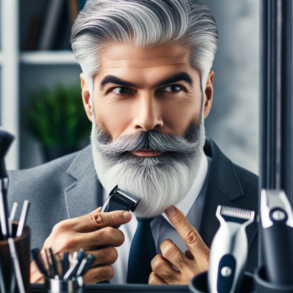 Mature man confidently grooming his distinguished white beard, showcasing tips and products for maintaining a gray beard, emphasizing the elegance of embracing gray hair for a stylish look.