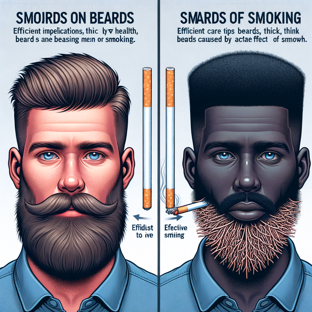 Infographic illustrating the impact of smoking on beard health, showcasing the difference between a healthy beard and a smoking-damaged beard, with beard care tips for smokers and effects of nicotine on facial hair growth.