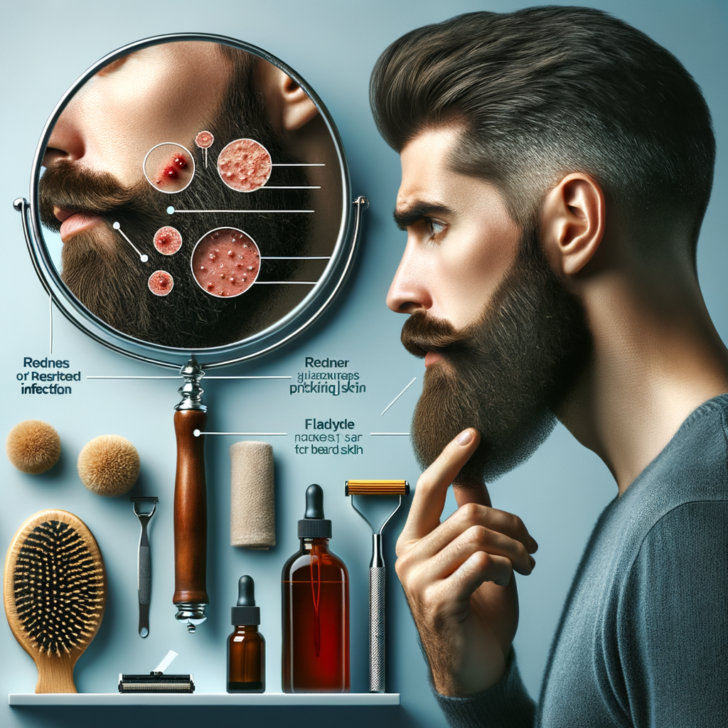 Man examining signs of beard fungus such as redness and flaky skin in mirror, demonstrating the importance of beard health, hygiene, and care in preventing and treating beard fungal infection.