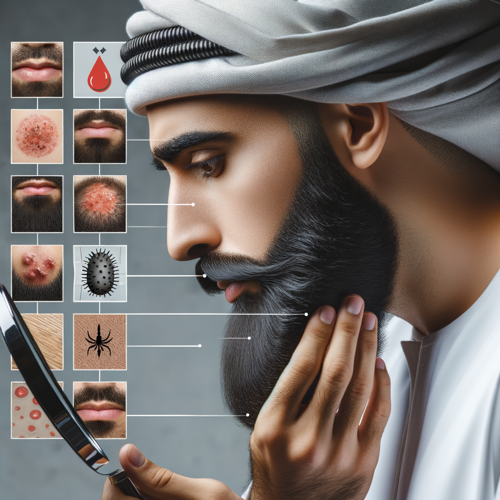 Man examining beard fungus symptoms in mirror, showcasing common beard infections, prevention tips, and treatments for recognizing and combating beard fungal infections.