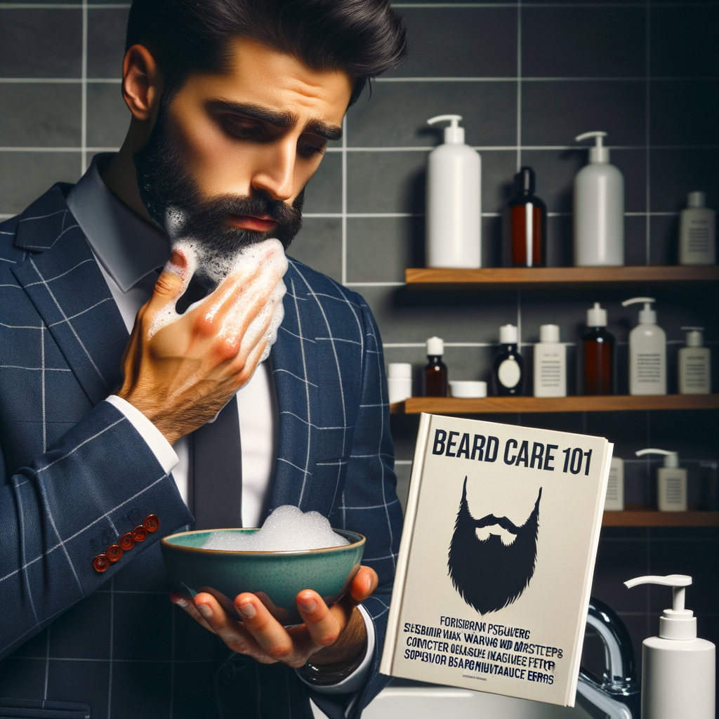 Professional man applying beard care tips, avoiding common beard washing mistakes by using premium products for beard maintenance, with 'Beard Care 101' guidebook open for reference, highlighting solutions for beard care mistakes.