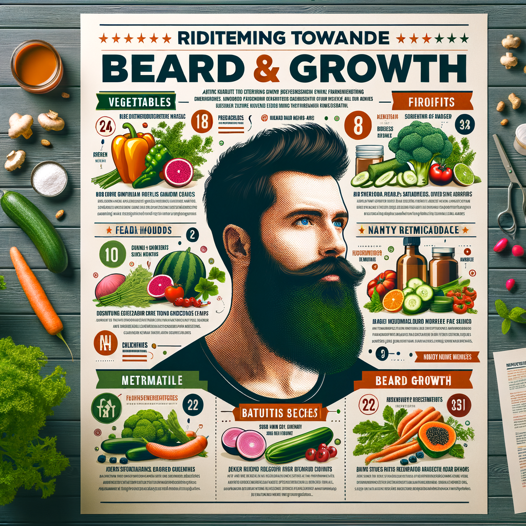 Infographic of beard growth vegetables and foods for beard growth, highlighting natural beard growth remedies, beard enhancing foods, and beard growth diet tips for healthy beard growth.