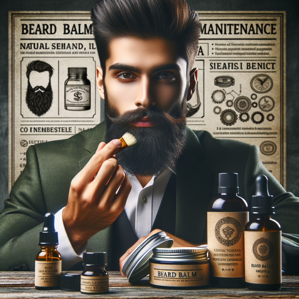 Professional man demonstrating beard balm benefits and how to use beard balm, with top-rated beard care products and a beard maintenance guide on display, highlighting natural beard balm ingredients and beard grooming tips.